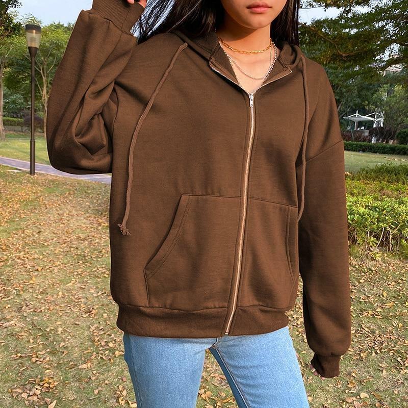 Brown Zip Hoodie - Y2K Summer Grunge, 90s Retro, Pastel Goth, Y2K Club & Party Outfits
