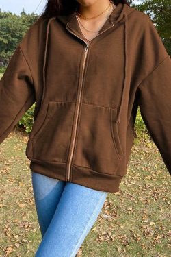 Brown Zip Hoodie - Y2K Summer Grunge, 90s Retro, Pastel Goth, Y2K Club & Party Outfits