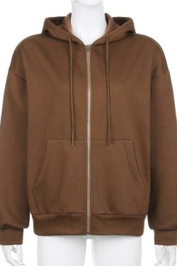 Brown Zip Hoodie - Y2K Summer Grunge, 90s Retro, Pastel Goth, Y2K Club & Party Outfits
