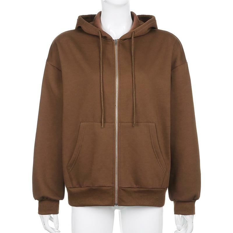 Brown Zip Hoodie - Y2K Summer Grunge, 90s Retro, Pastel Goth, Y2K Club & Party Outfits
