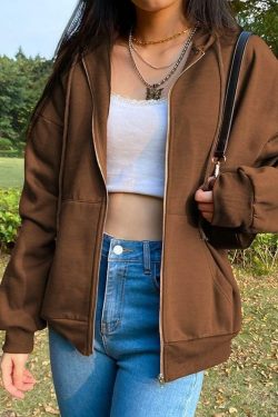 Brown Zip Hoodie - Y2K Summer Grunge, 90s Retro, Pastel Goth, Y2K Club & Party Outfits