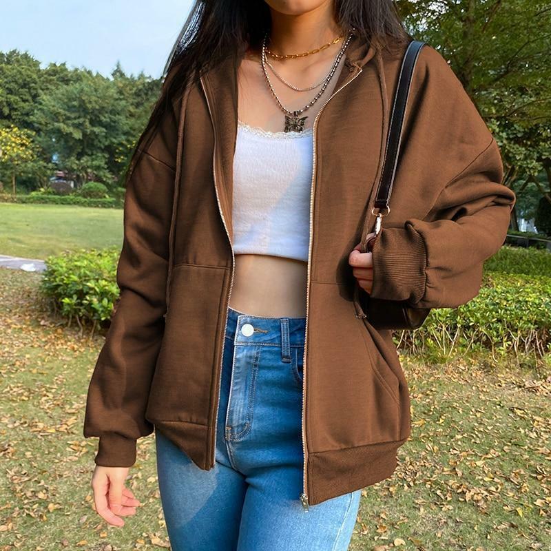 Brown Zip Hoodie - Y2K Summer Grunge, 90s Retro, Pastel Goth, Y2K Club & Party Outfits