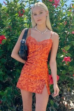 Burnt Orange Mini Dress - Y2K Summer Outfit, 90s Fashion, Grunge, Retro Style, Y2K Party Look