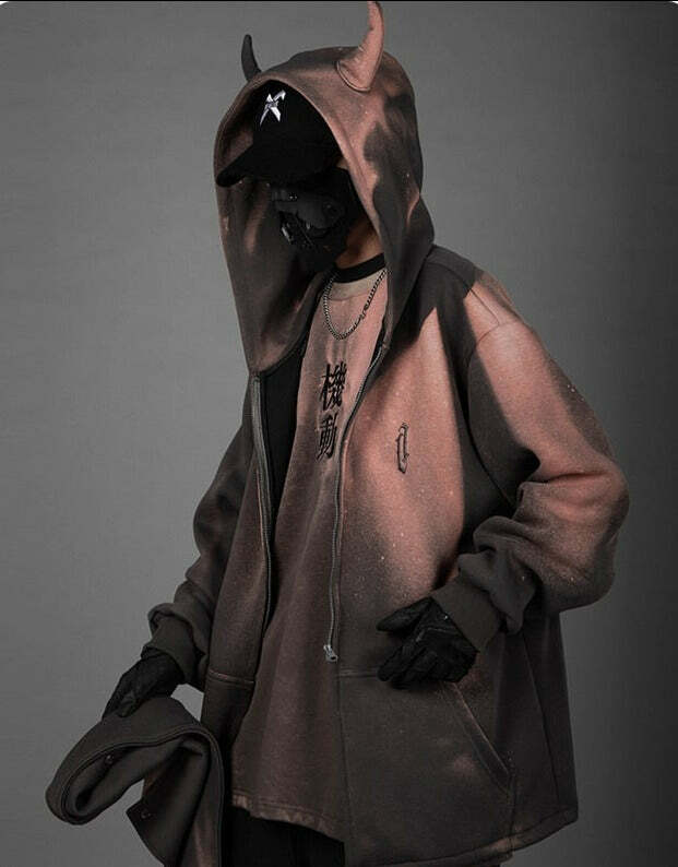 BXB Dark Devil Horns Zip Up Jacket - Y2K Grunge, 90s Fashion, Retro Goth, Summer Y2K Outfits