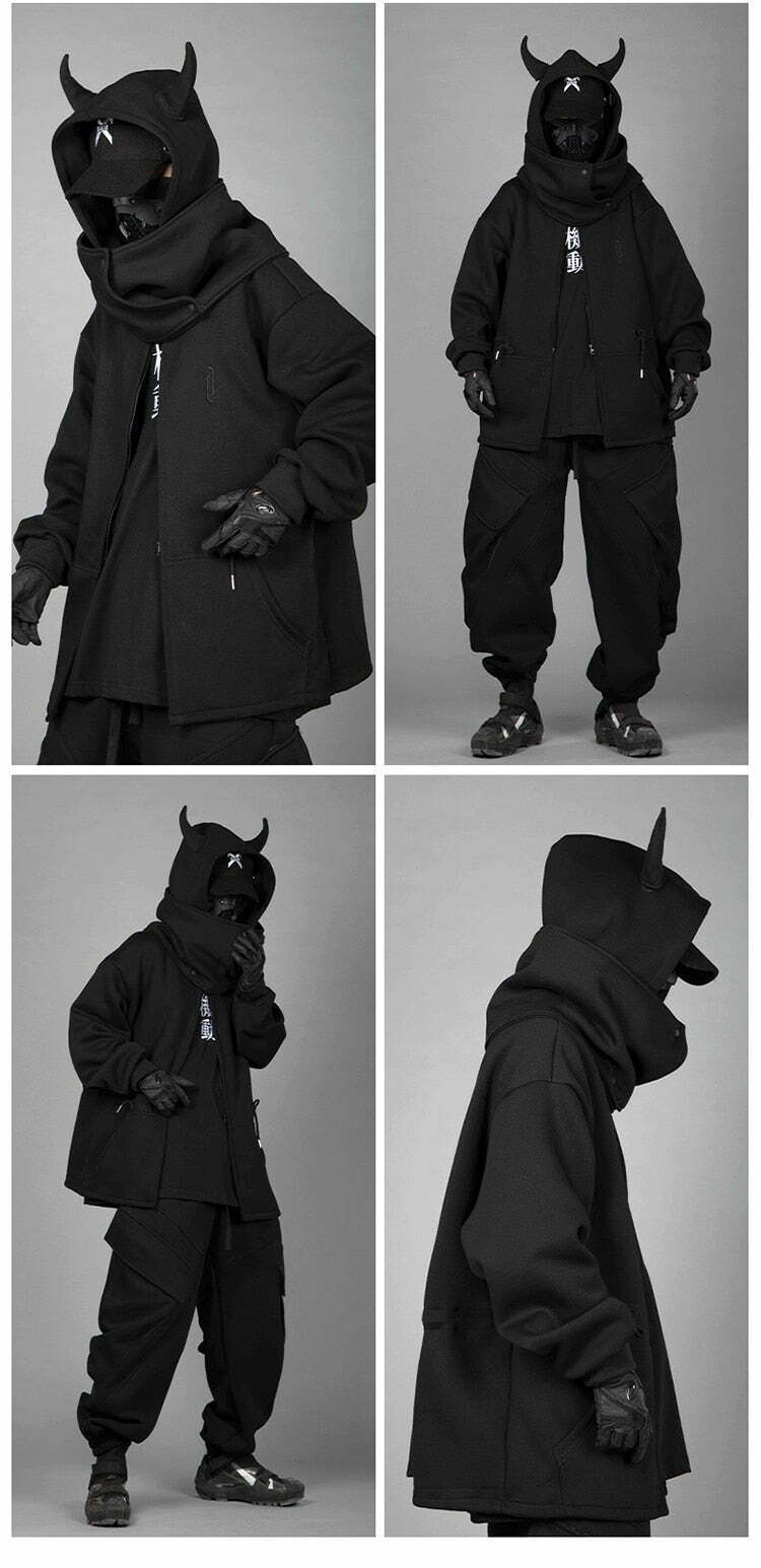 BXB Dark Devil Horns Zip Up Jacket - Y2K Grunge, 90s Fashion, Retro Goth, Summer Y2K Outfits