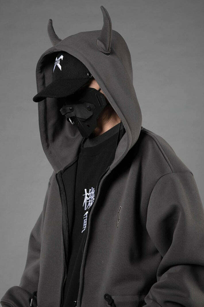 BXB Dark Devil Horns Zip Up Jacket - Y2K Grunge, 90s Fashion, Retro Goth, Summer Y2K Outfits
