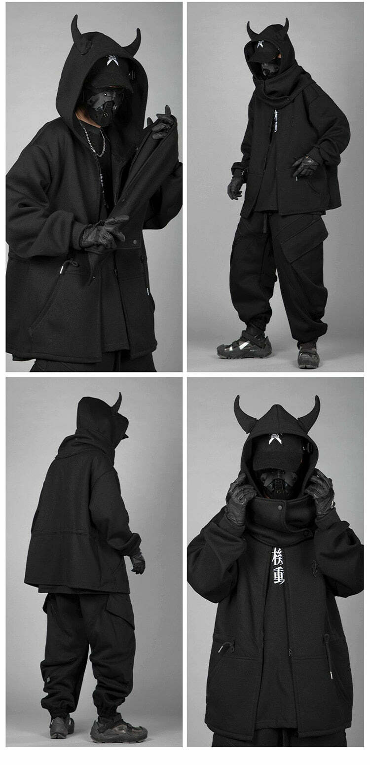 BXB Dark Devil Horns Zip Up Jacket - Y2K Grunge, 90s Fashion, Retro Goth, Summer Y2K Outfits