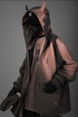 BXB Dark Devil Horns Zip Up Jacket - Y2K Grunge, 90s Fashion, Retro Goth, Summer Y2K Outfits