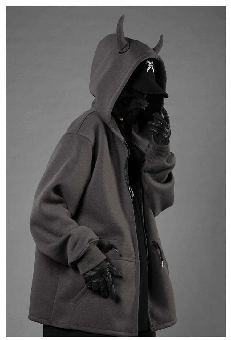 BXB Dark Devil Horns Zip Up Jacket - Y2K Grunge, 90s Fashion, Retro Goth, Summer Y2K Outfits