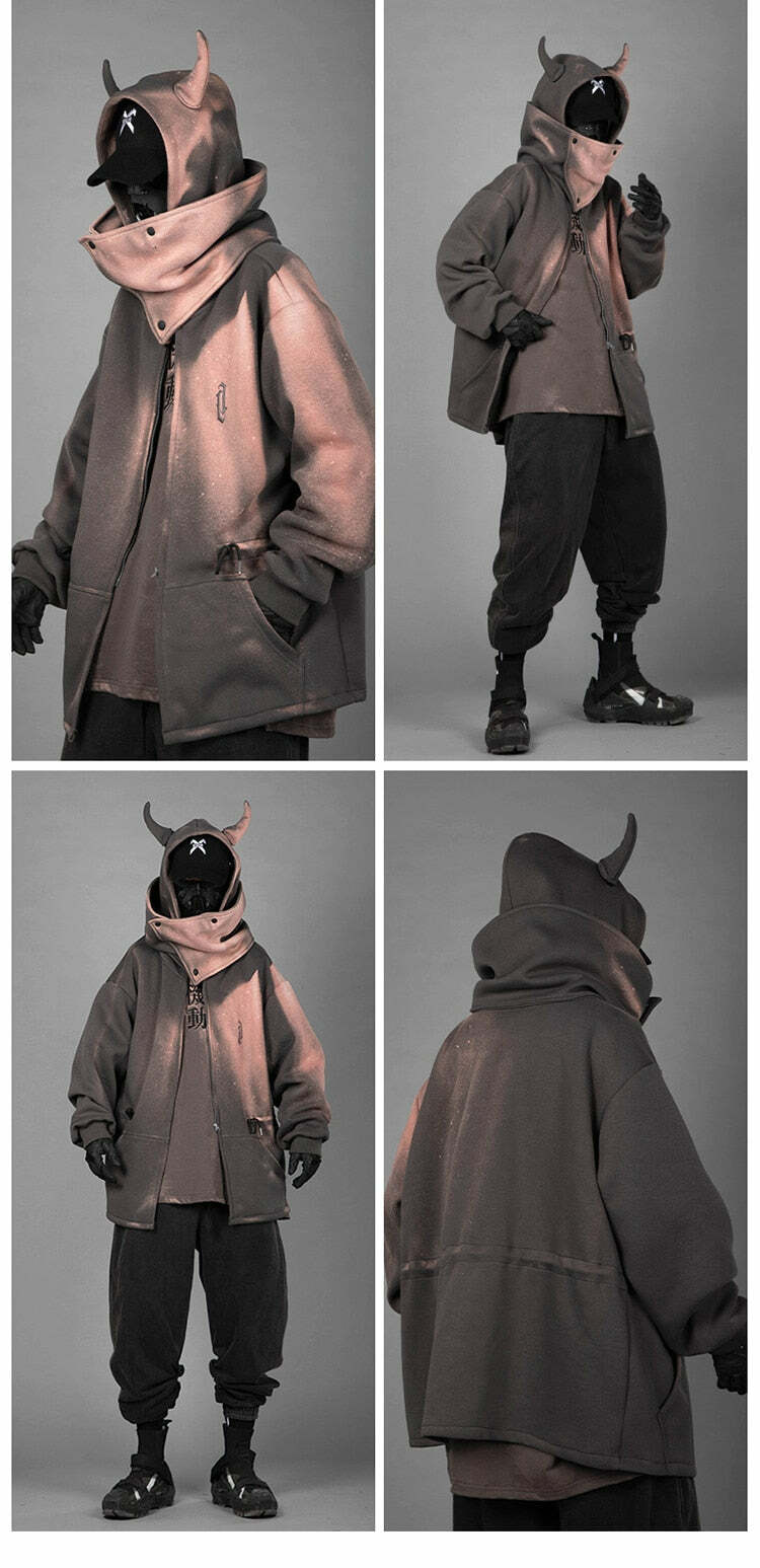 BXB Dark Devil Horns Zip Up Jacket - Y2K Grunge, 90s Fashion, Retro Goth, Summer Y2K Outfits