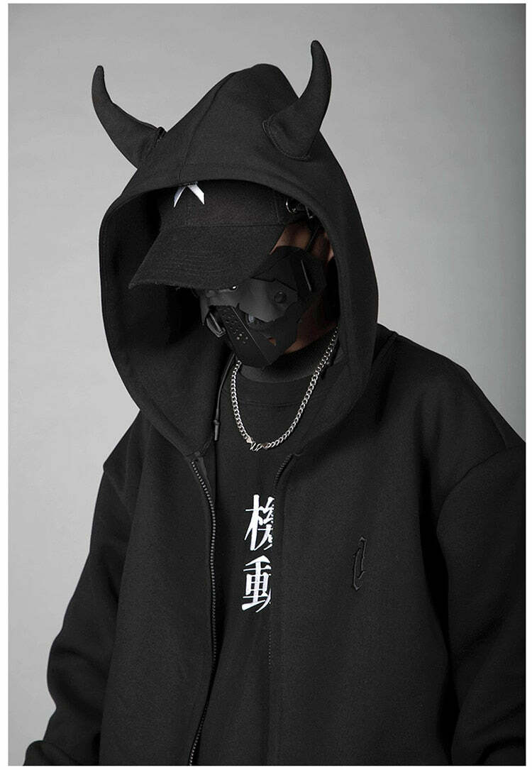 BXB Dark Devil Horns Zip Up Jacket - Y2K Grunge, 90s Fashion, Retro Goth, Summer Y2K Outfits