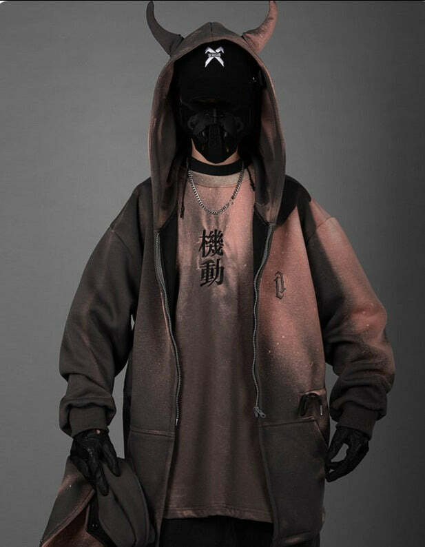 BXB Dark Devil Horns Zip Up Jacket - Y2K Grunge, 90s Fashion, Retro Goth, Summer Y2K Outfits