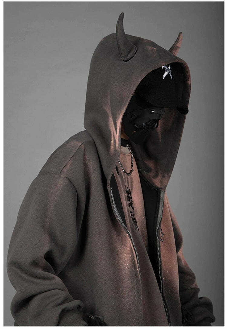 BXB Dark Devil Horns Zip Up Jacket - Y2K Grunge, 90s Fashion, Retro Goth, Summer Y2K Outfits