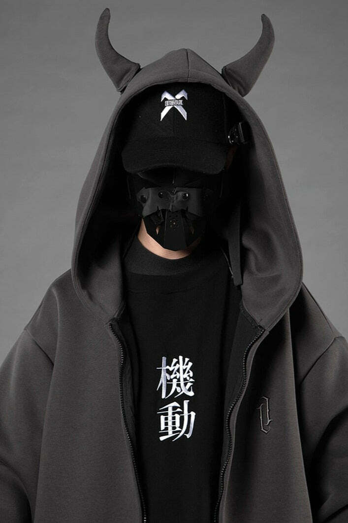 BXB Dark Devil Horns Zip Up Jacket - Y2K Grunge, 90s Fashion, Retro Goth, Summer Y2K Outfits