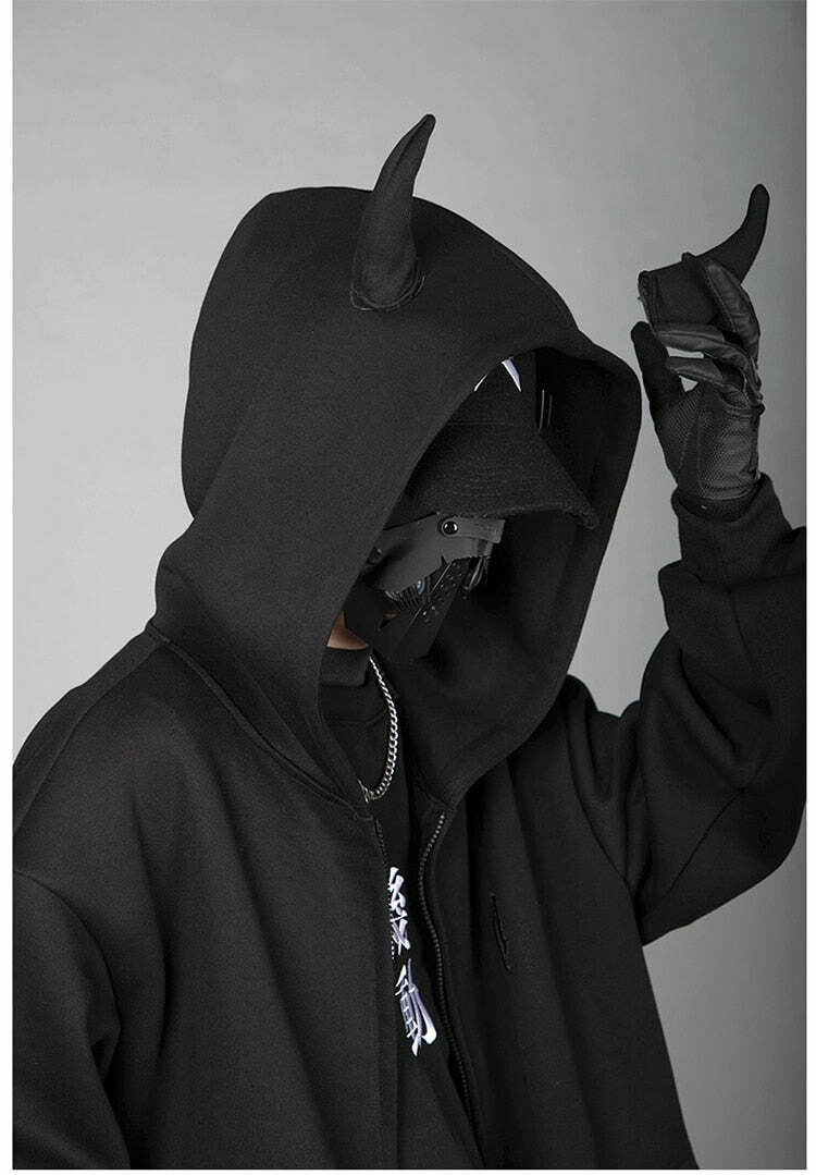 BXB Dark Devil Horns Zip Up Jacket - Y2K Grunge, 90s Fashion, Retro Goth, Summer Y2K Outfits