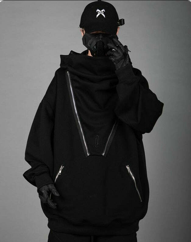 BXB Dark Quad Zipped Utility Hoodie - Y2K Grunge, 90s Fashion, Retro Style, Gothic Y2K Outfit