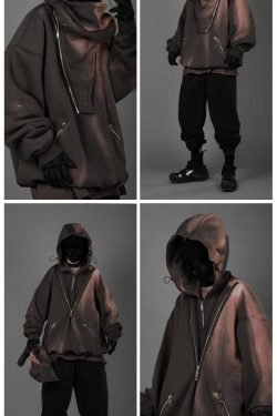 BXB Dark Quad Zipped Utility Hoodie - Y2K Grunge, 90s Fashion, Retro Style, Gothic Y2K Outfit
