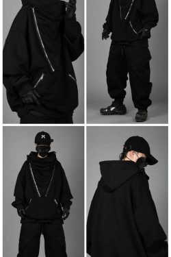 BXB Dark Quad Zipped Utility Hoodie - Y2K Grunge, 90s Fashion, Retro Style, Gothic Y2K Outfits