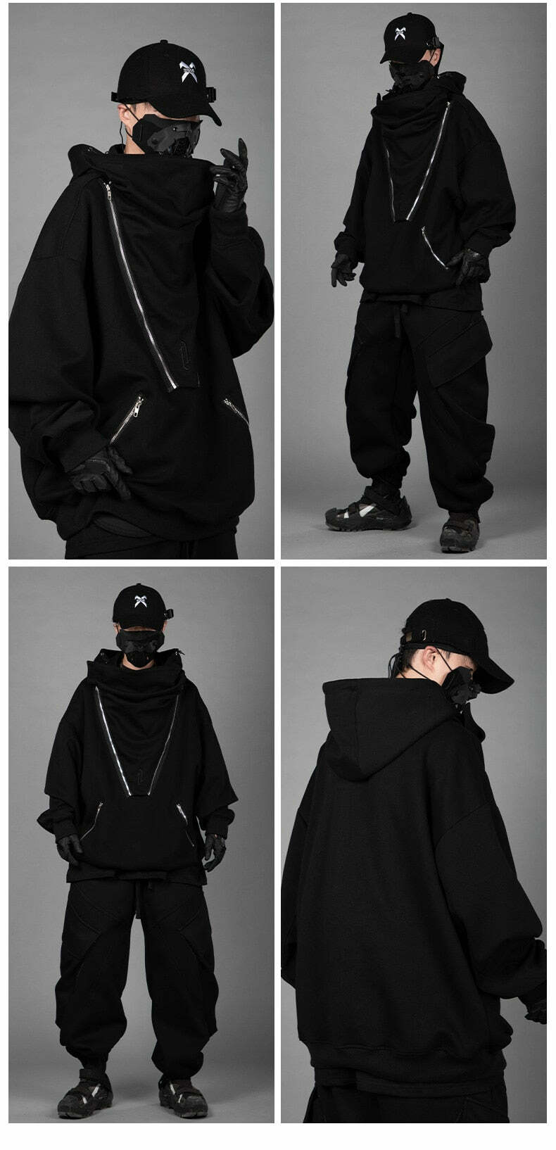BXB Dark Quad Zipped Utility Hoodie - Y2K Grunge, 90s Fashion, Retro Style, Gothic Y2K Outfits