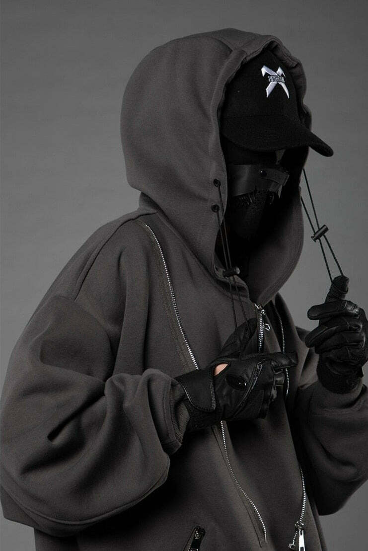 BXB Dark Quad Zipped Utility Hoodie - Y2K Grunge, 90s Fashion, Retro Style, Gothic Y2K Outfits