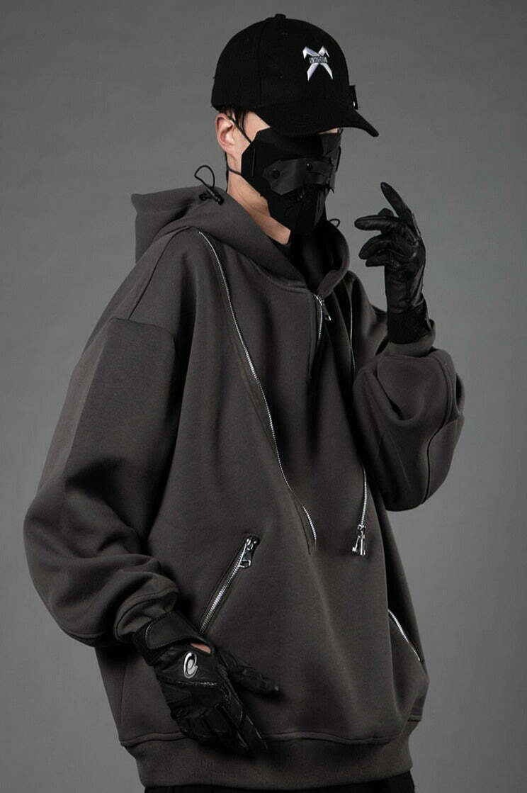BXB Dark Quad Zipped Utility Hoodie - Y2K Grunge, 90s Fashion, Retro Style, Gothic Y2K Outfits