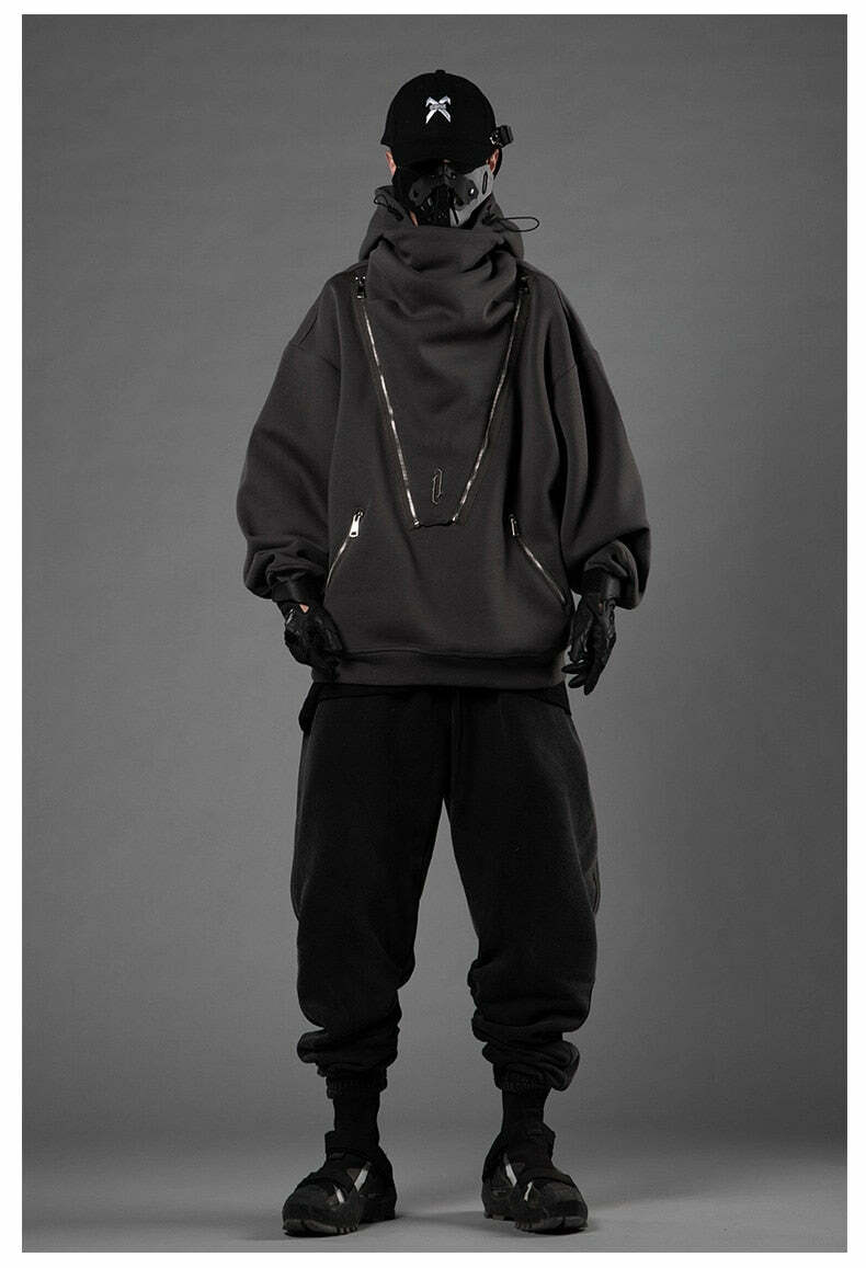 BXB Dark Quad Zipped Utility Hoodie - Y2K Grunge, 90s Fashion, Retro Style, Gothic Y2K Outfits