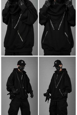 BXB Dark Quad Zipped Utility Hoodie - Y2K Grunge, 90s Fashion, Retro Style, Gothic Y2K Outfits