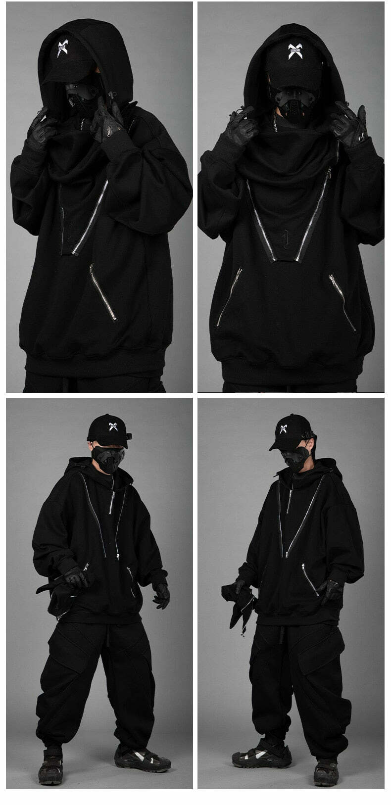 BXB Dark Quad Zipped Utility Hoodie - Y2K Grunge, 90s Fashion, Retro Style, Gothic Y2K Outfits