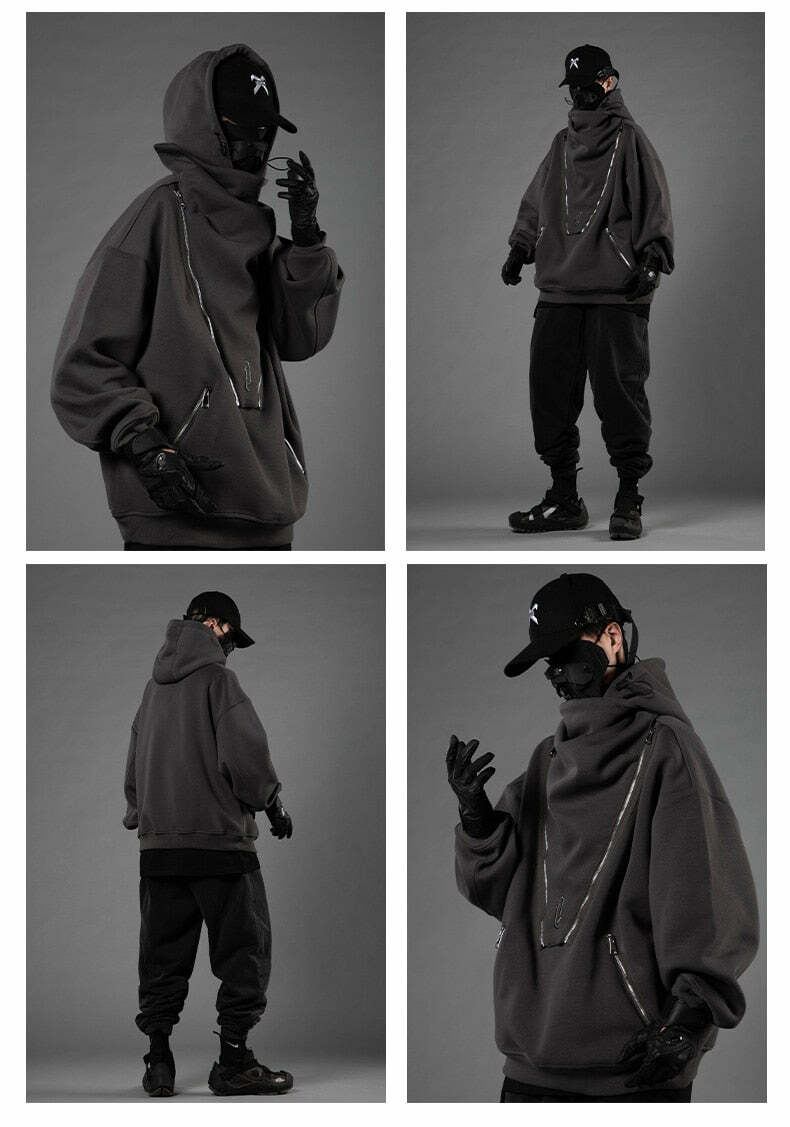 BXB Dark Quad Zipped Utility Hoodie - Y2K Grunge, 90s Fashion, Retro Style, Gothic Y2K Outfits
