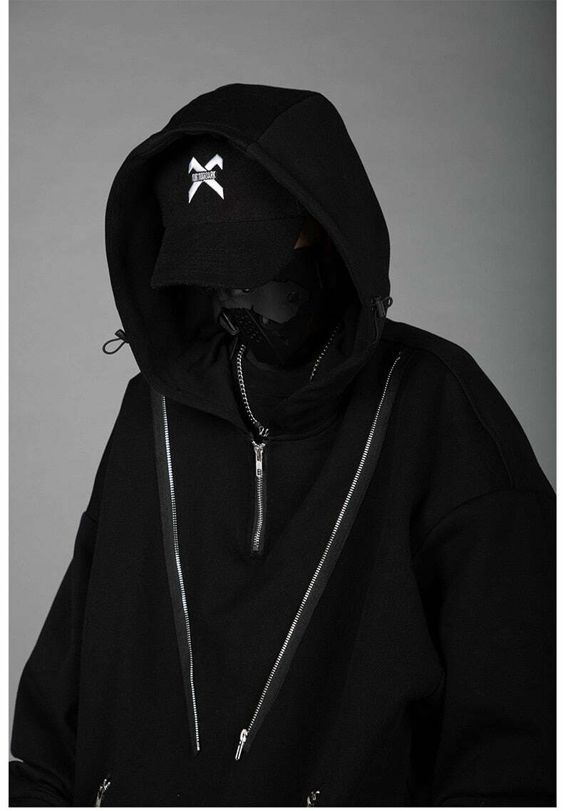 BXB Dark Quad Zipped Utility Hoodie - Y2K Grunge, 90s Fashion, Retro Style, Gothic Y2K Outfits