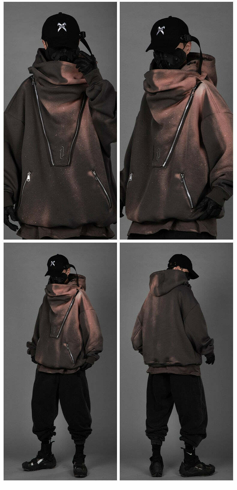 BXB Dark Quad Zipped Utility Hoodie - Y2K Grunge, 90s Fashion, Retro Style, Gothic Y2K Outfits