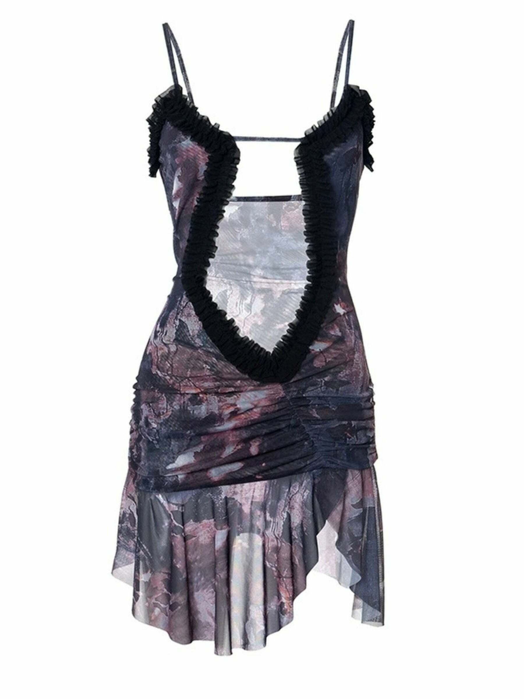 Caitlyn Deep Neck Mini Dress - Y2K Summer Grunge Outfit, 90s Fashion, Retro Style, Y2K Party Look