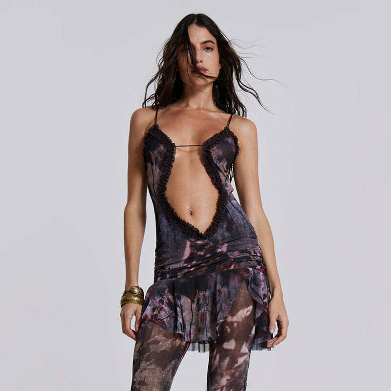 Caitlyn Deep Neck Mini Dress - Y2K Summer Grunge Outfit, 90s Fashion, Retro Style, Y2K Party Look