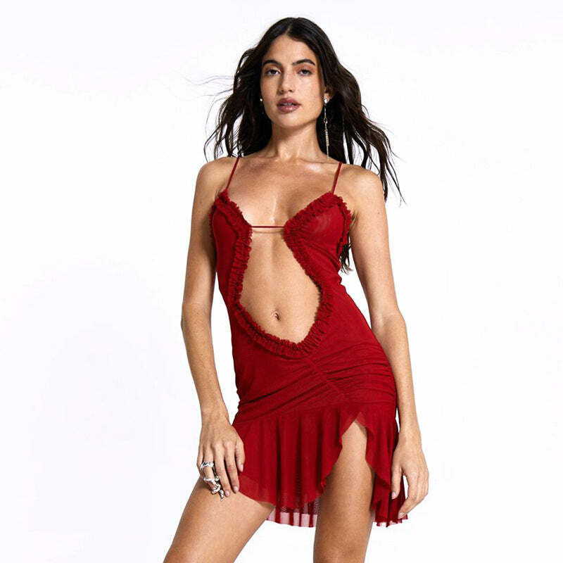 Caitlyn Deep Neck Mini Dress - Y2K Summer Grunge Outfit, 90s Fashion, Retro Style, Y2K Party Look