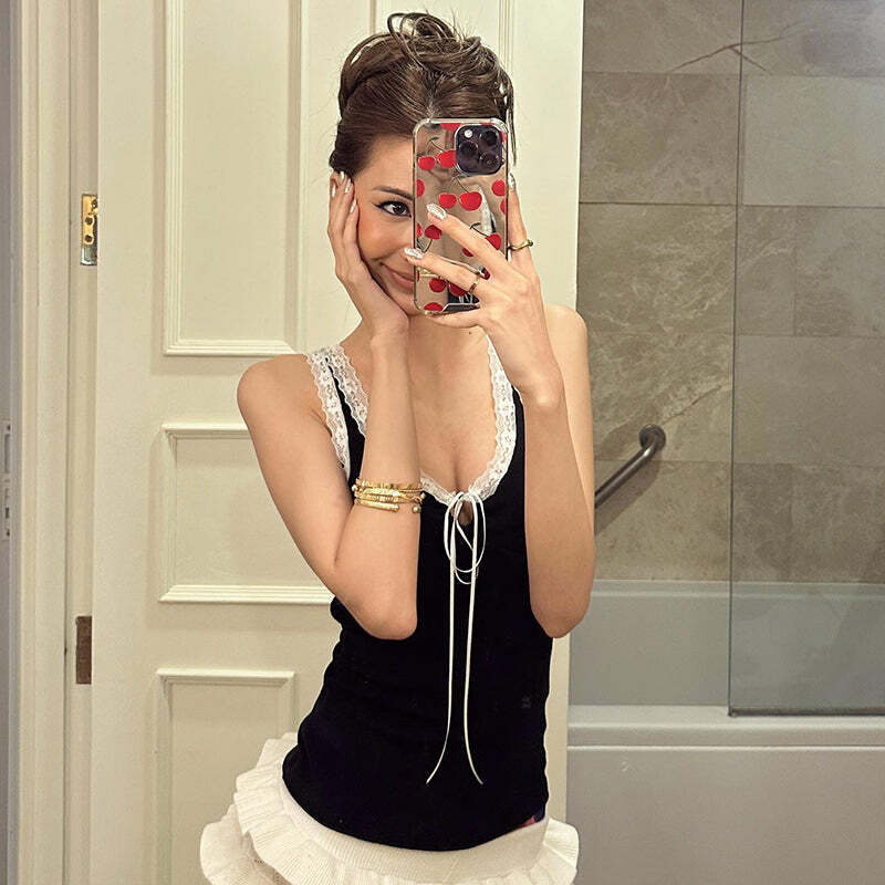 Cate Lace Detailed Tank Top - Y2K Summer, 90s Grunge, Retro Style, Y2K Party & Club Outfits
