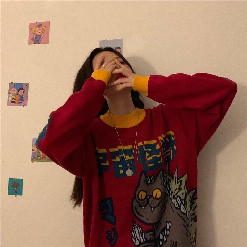 Catzilla Monster Sweatshirt - Y2K Grunge, 90s Retro, Pastel Goth, Y2K Club & Party Outfits