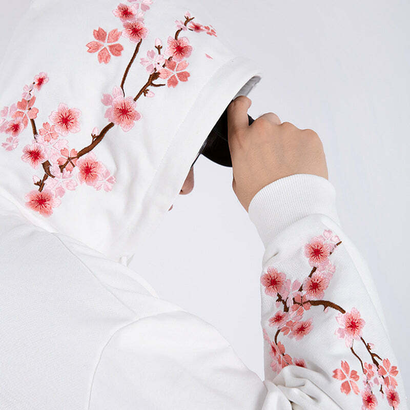 Cherry Blossom Butterfly Embroidered Hoodie - Y2K Summer, 90s Fashion, Grunge, Retro, Pastel Goth