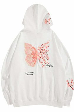 Cherry Blossom Butterfly Embroidered Hoodie - Y2K Summer, 90s Fashion, Grunge, Retro, Pastel Goth