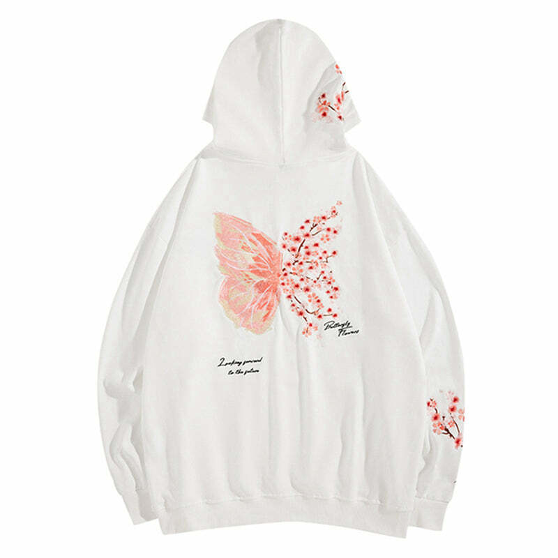 Cherry Blossom Butterfly Embroidered Hoodie - Y2K Summer, 90s Fashion, Grunge, Retro, Pastel Goth