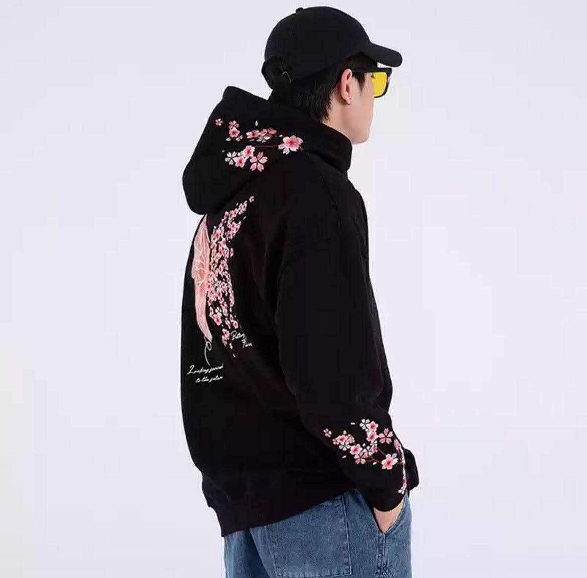 Cherry Blossom Butterfly Embroidered Hoodie - Y2K Summer, 90s Fashion, Grunge, Retro, Pastel Goth