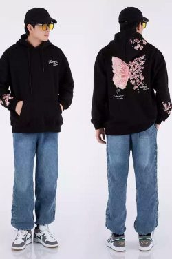 Cherry Blossom Butterfly Embroidered Hoodie - Y2K Summer, 90s Fashion, Grunge, Retro, Pastel Goth