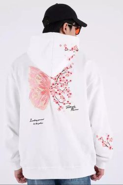 Cherry Blossom Butterfly Embroidered Hoodie - Y2K Summer, 90s Fashion, Grunge, Retro, Pastel Goth