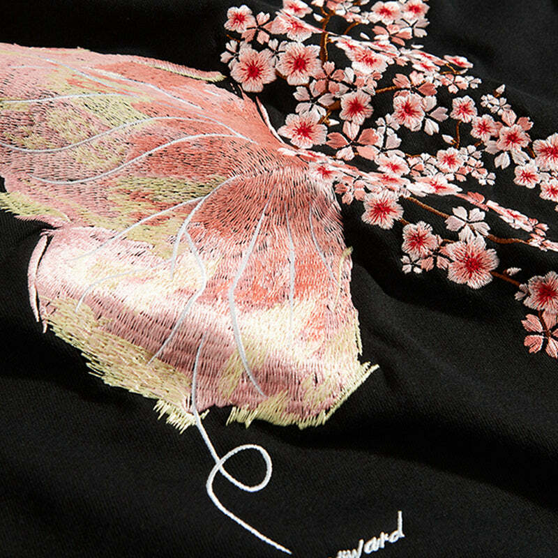 Cherry Blossom Butterfly Embroidered Hoodie - Y2K Summer, 90s Fashion, Grunge, Retro, Pastel Goth