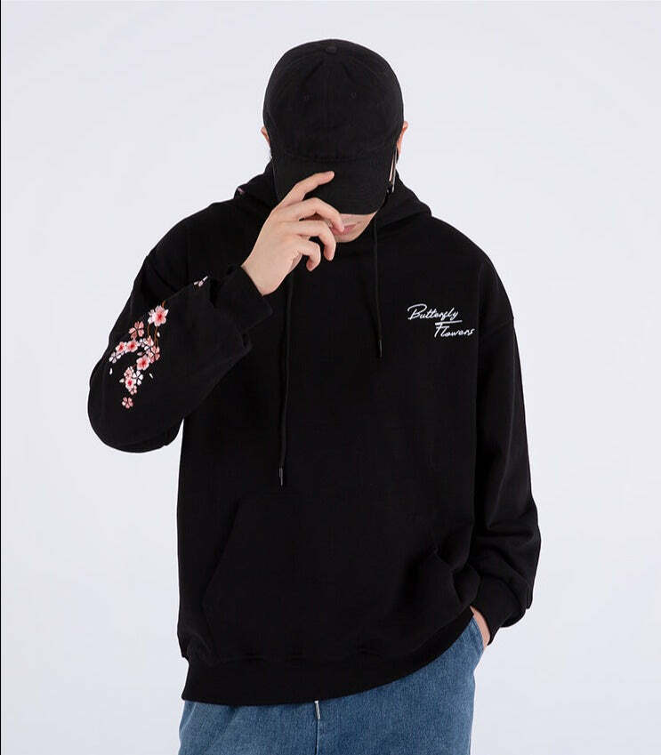 Cherry Blossom Butterfly Embroidered Hoodie - Y2K Summer, 90s Fashion, Grunge, Retro, Pastel Goth