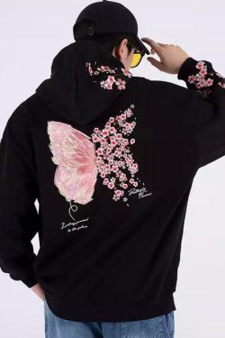 Cherry Blossom Butterfly Embroidered Hoodie - Y2K Summer, 90s Fashion, Grunge, Retro, Pastel Goth