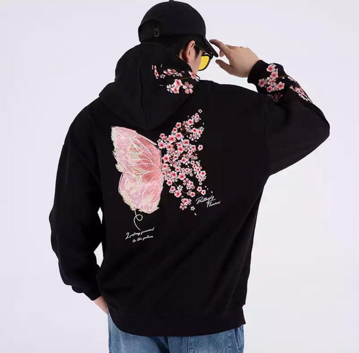 Cherry Blossom Butterfly Embroidered Hoodie - Y2K Summer, 90s Fashion, Grunge, Retro, Pastel Goth