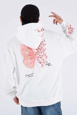 Cherry Blossom Butterfly Embroidered Hoodie - Y2K Summer, 90s Fashion, Grunge, Retro, Pastel Goth