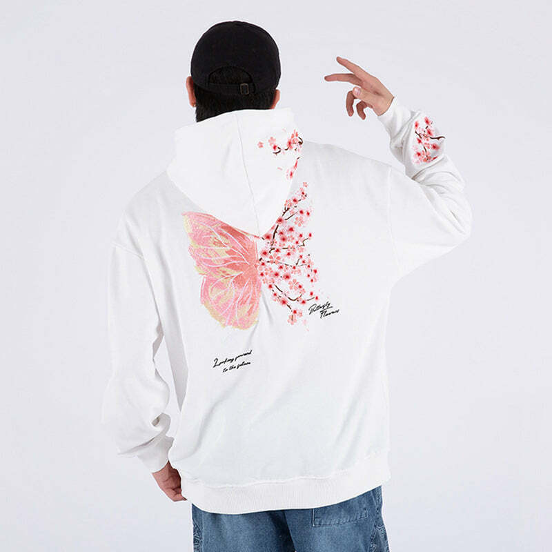 Cherry Blossom Butterfly Embroidered Hoodie - Y2K Summer, 90s Fashion, Grunge, Retro, Pastel Goth