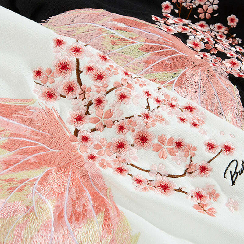 Cherry Blossom Butterfly Embroidered Hoodie - Y2K Summer, 90s Fashion, Grunge, Retro, Pastel Goth