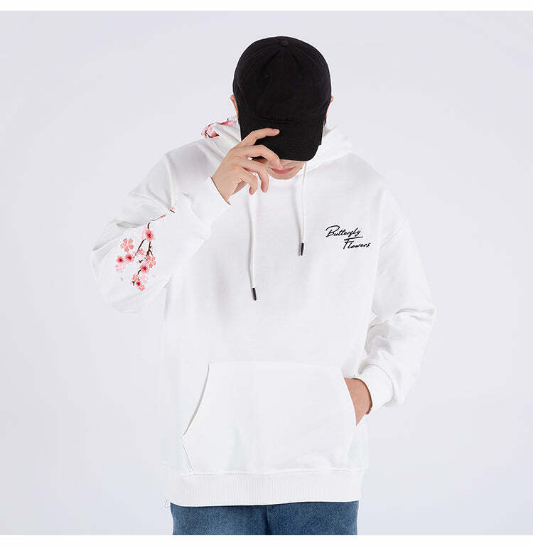 Cherry Blossom Butterfly Embroidered Hoodie - Y2K Summer, 90s Fashion, Grunge, Retro, Pastel Goth